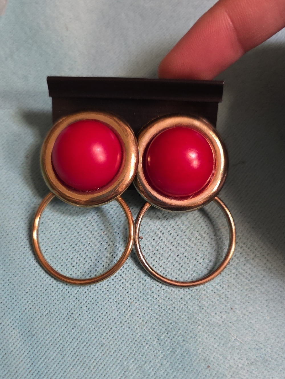 Gold-Tone Hoop Drop Clip On Earrings with Red Cabochon Accent